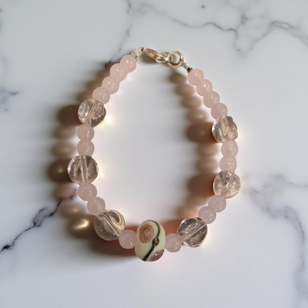 PInk lampwork bead bracelet  7 inches ~